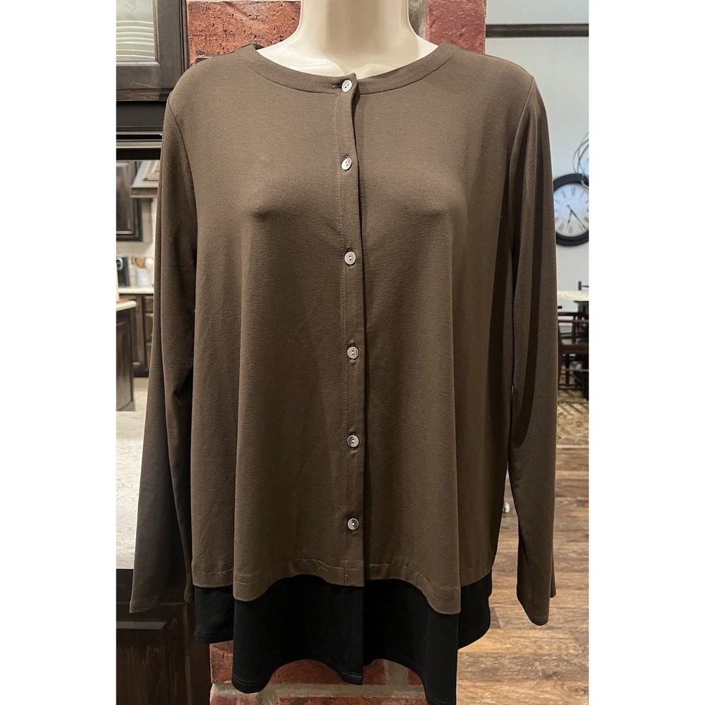 J Jill Wearever Collection Tunic Shirt Top Women's L Brown Black Stretch Button